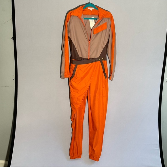 Hot & Delicious Utility Jumpsuit S Orange Taupe Zip Front Belted Cargo - Picture 12 of 16
